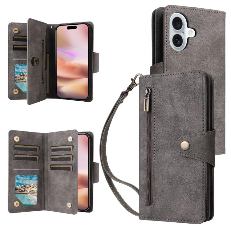 Rivet Buckle 9 Cards Three Fold Leather Phone Case