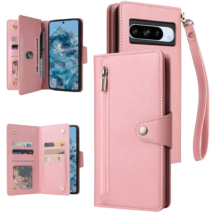 Rivet Buckle 9 Cards Three Fold Leather Phone Case, For Google Pixel 10a, For Google Pixel 10 Pro XL / 9 Pro XL, For Google Pixel 10 / 10 Pro, For Google Pixel 9a, For Google Pixel 9 Pro, For Google Pixel 9, For Google Pixel 8a, For Google Pixel 8 Pro ...