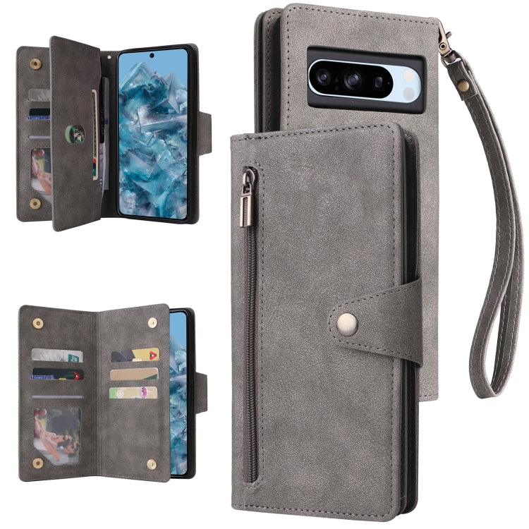 Rivet Buckle 9 Cards Three Fold Leather Phone Case, For Google Pixel 10a, For Google Pixel 10 Pro XL / 9 Pro XL, For Google Pixel 10 / 10 Pro, For Google Pixel 9a, For Google Pixel 9 Pro, For Google Pixel 9, For Google Pixel 8a, For Google Pixel 8 Pro ...