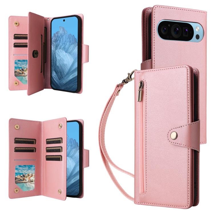 Rivet Buckle 9 Cards Three Fold Leather Phone Case, For Google Pixel 10a, For Google Pixel 10 Pro XL / 9 Pro XL, For Google Pixel 10 / 10 Pro, For Google Pixel 9a, For Google Pixel 9 Pro, For Google Pixel 9, For Google Pixel 8a, For Google Pixel 8 Pro ...