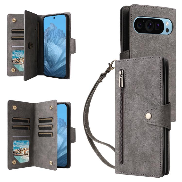 Rivet Buckle 9 Cards Three Fold Leather Phone Case, For Google Pixel 10a, For Google Pixel 10 Pro XL / 9 Pro XL, For Google Pixel 10 / 10 Pro, For Google Pixel 9a, For Google Pixel 9 Pro, For Google Pixel 9, For Google Pixel 8a, For Google Pixel 8 Pro ...