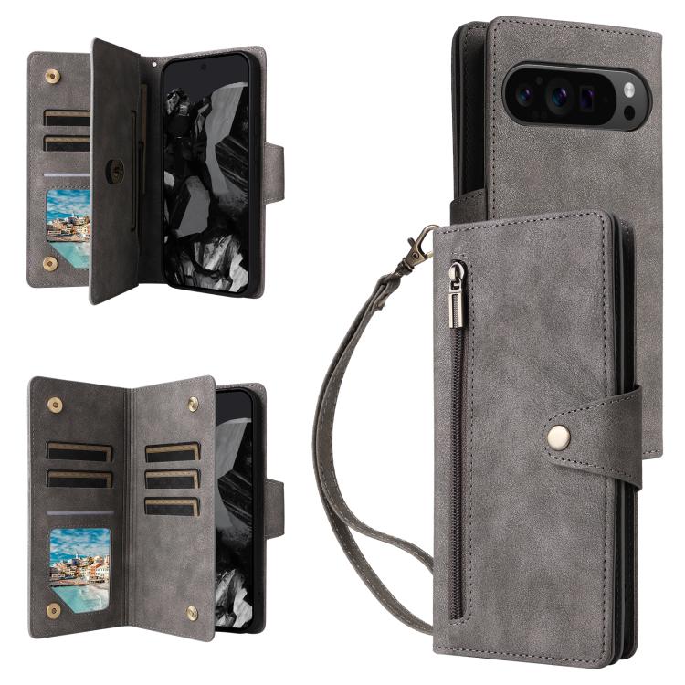 Rivet Buckle 9 Cards Three Fold Leather Phone Case, For Google Pixel 10a, For Google Pixel 10 Pro XL / 9 Pro XL, For Google Pixel 10 / 10 Pro, For Google Pixel 9a, For Google Pixel 9 Pro, For Google Pixel 9, For Google Pixel 8a, For Google Pixel 8 Pro ...
