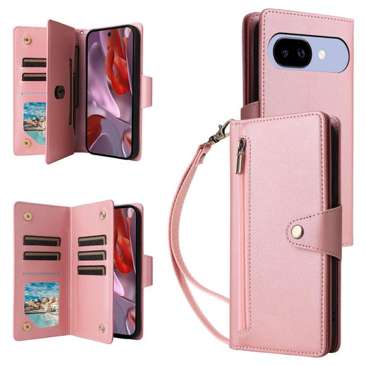 Rivet Buckle 9 Cards Three Fold Leather Phone Case, For Google Pixel 10a, For Google Pixel 10 Pro XL / 9 Pro XL, For Google Pixel 10 / 10 Pro, For Google Pixel 9a, For Google Pixel 9 Pro, For Google Pixel 9, For Google Pixel 8a, For Google Pixel 8 Pro