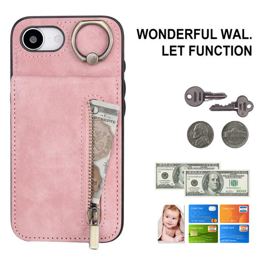 Retro Ring and Zipper RFID Card Slot Phone Case, For iPhone 17e / 16e, For iPhone 17 Pro Max, For iPhone 17 Pro, For iPhone 17, For iPhone Air, For iPhone 16 Pro Max, For iPhone 16 Pro, For iPhone 16 Plus, For iPhone 16, For iPhone 15 Pro Max          ...