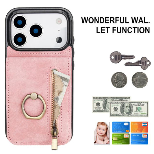 Retro Ring and Zipper RFID Card Slot Phone Case, For iPhone 18 Pro / 17 Pro, For iPhone 18 Pro Max / 17 Pro Max, For iPhone 17e / 16e, For iPhone 17, For iPhone Air, For iPhone 16 Pro Max, For iPhone 16 Pro, For iPhone 16 Plus, For iPhone 16           ...