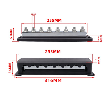 RV 600A High Current busbar 8-way Straight M10 Wiring Studs, CP-4298-01, CP-4298-02