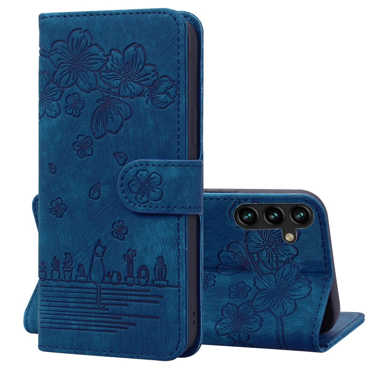 Cartoon Sakura Cat Embossed Leather Phone Case, For Samsung Galaxy A57 5G, For Samsung Galaxy A37 5G, For Samsung Galaxy A56 / A36, For Samsung Galaxy A26 / A16 5G, For Samsung Galaxy A55 5G, For Samsung Galaxy A35 5G, For Samsung Galaxy A15           ...