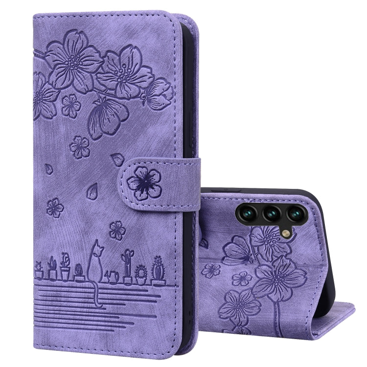 Cartoon Sakura Cat Embossed Leather Phone Case, For Samsung Galaxy A57 5G, For Samsung Galaxy A37 5G, For Samsung Galaxy A56 / A36, For Samsung Galaxy A26 / A16 5G, For Samsung Galaxy A55 5G, For Samsung Galaxy A35 5G, For Samsung Galaxy A15           ...