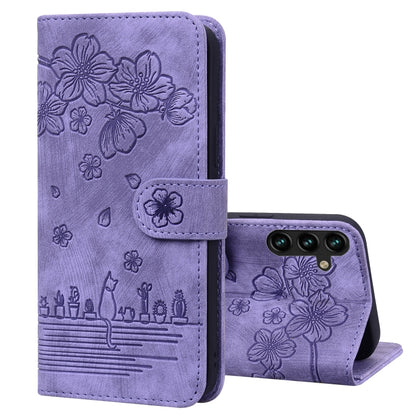 Cartoon Sakura Cat Embossed Leather Phone Case, For Samsung Galaxy A57 5G, For Samsung Galaxy A37 5G, For Samsung Galaxy A56 / A36, For Samsung Galaxy A26 / A16 5G, For Samsung Galaxy A55 5G, For Samsung Galaxy A35 5G, For Samsung Galaxy A15           ...