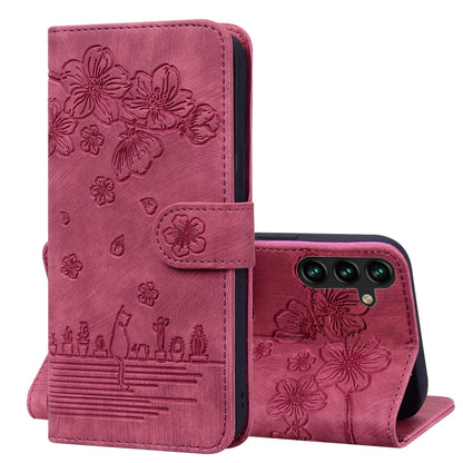 Cartoon Sakura Cat Embossed Leather Phone Case, For Samsung Galaxy A57 5G, For Samsung Galaxy A37 5G, For Samsung Galaxy A56 / A36, For Samsung Galaxy A26 / A16 5G, For Samsung Galaxy A55 5G, For Samsung Galaxy A35 5G, For Samsung Galaxy A15           ...