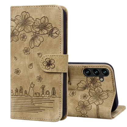 Cartoon Sakura Cat Embossed Leather Phone Case, For Samsung Galaxy A57 5G, For Samsung Galaxy A37 5G, For Samsung Galaxy A56 / A36, For Samsung Galaxy A26 / A16 5G, For Samsung Galaxy A55 5G, For Samsung Galaxy A35 5G, For Samsung Galaxy A15           ...