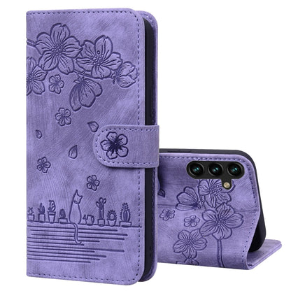 Cartoon Sakura Cat Embossed Leather Phone Case, For Samsung Galaxy A57 5G, For Samsung Galaxy A37 5G, For Samsung Galaxy A56 / A36, For Samsung Galaxy A26 / A16 5G, For Samsung Galaxy A55 5G, For Samsung Galaxy A35 5G, For Samsung Galaxy A15           ...