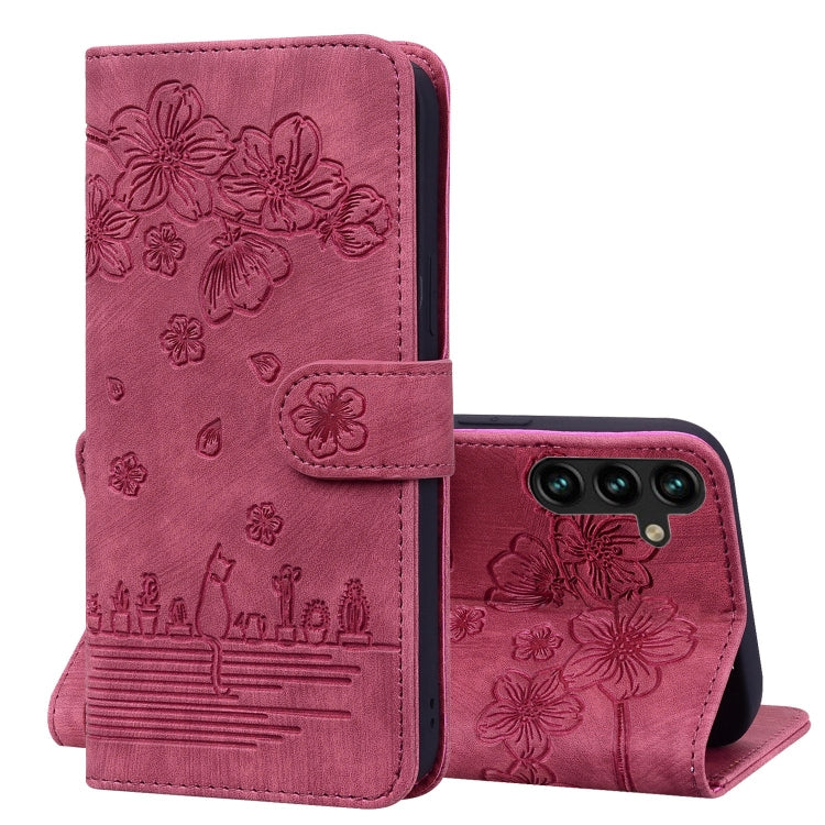 Cartoon Sakura Cat Embossed Leather Phone Case, For Samsung Galaxy A57 5G, For Samsung Galaxy A37 5G, For Samsung Galaxy A56 / A36, For Samsung Galaxy A26 / A16 5G, For Samsung Galaxy A55 5G, For Samsung Galaxy A35 5G, For Samsung Galaxy A15           ...