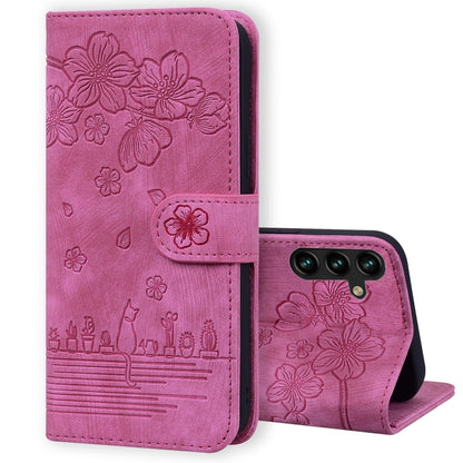 Cartoon Sakura Cat Embossed Leather Phone Case, For Samsung Galaxy A57 5G, For Samsung Galaxy A37 5G, For Samsung Galaxy A56 / A36, For Samsung Galaxy A26 / A16 5G, For Samsung Galaxy A55 5G, For Samsung Galaxy A35 5G, For Samsung Galaxy A15           ...