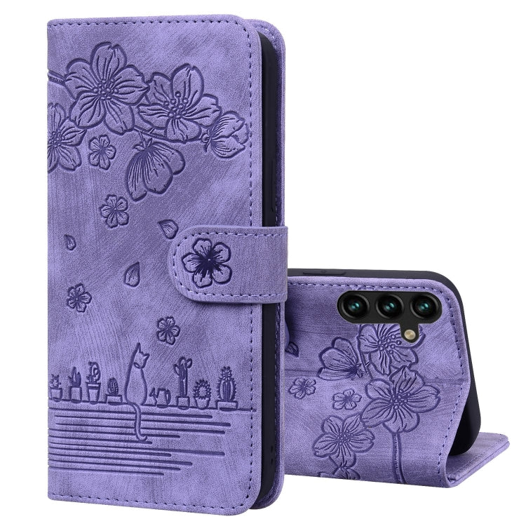 Cartoon Sakura Cat Embossed Leather Phone Case, For Samsung Galaxy A57 5G, For Samsung Galaxy A37 5G, For Samsung Galaxy A56 / A36, For Samsung Galaxy A26 / A16 5G, For Samsung Galaxy A55 5G, For Samsung Galaxy A35 5G, For Samsung Galaxy A15           ...