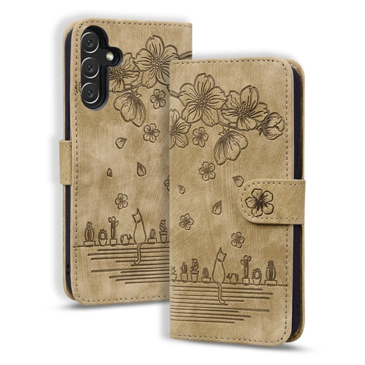 Cartoon Sakura Cat Embossed Leather Phone Case, For Samsung Galaxy A57 5G, For Samsung Galaxy A37 5G, For Samsung Galaxy A56 / A36, For Samsung Galaxy A26 / A16 5G, For Samsung Galaxy A55 5G, For Samsung Galaxy A35 5G, For Samsung Galaxy A15           ...