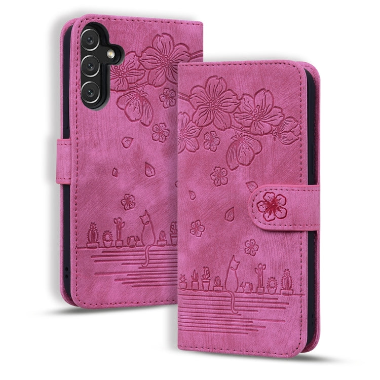 Cartoon Sakura Cat Embossed Leather Phone Case, For Samsung Galaxy A57 5G, For Samsung Galaxy A37 5G, For Samsung Galaxy A56 / A36, For Samsung Galaxy A26 / A16 5G, For Samsung Galaxy A55 5G, For Samsung Galaxy A35 5G, For Samsung Galaxy A15           ...