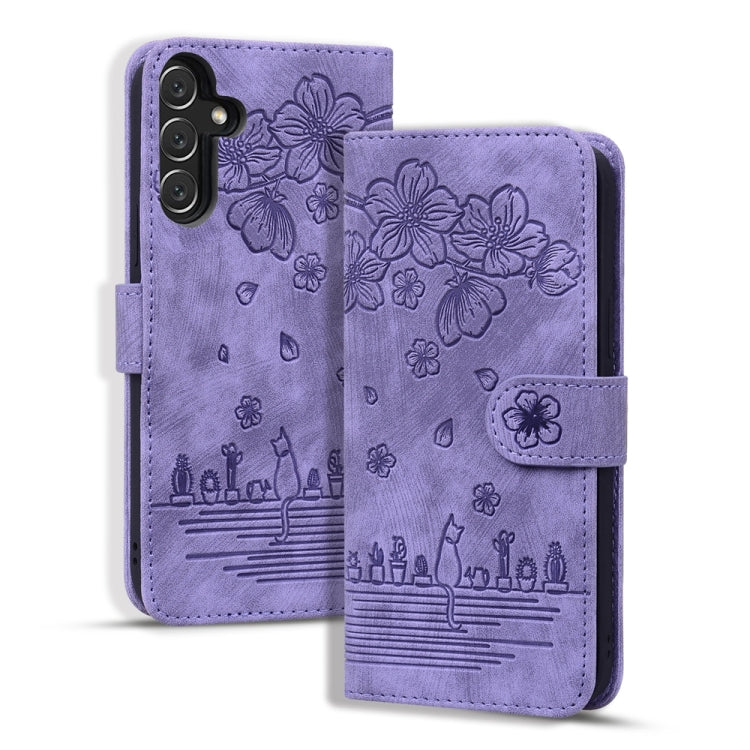 Cartoon Sakura Cat Embossed Leather Phone Case, For Samsung Galaxy A57 5G, For Samsung Galaxy A37 5G, For Samsung Galaxy A56 / A36, For Samsung Galaxy A26 / A16 5G, For Samsung Galaxy A55 5G, For Samsung Galaxy A35 5G, For Samsung Galaxy A15           ...