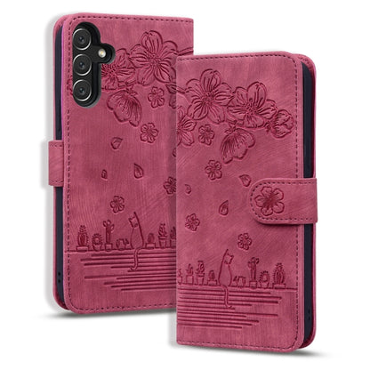 Cartoon Sakura Cat Embossed Leather Phone Case, For Samsung Galaxy A57 5G, For Samsung Galaxy A37 5G, For Samsung Galaxy A56 / A36, For Samsung Galaxy A26 / A16 5G, For Samsung Galaxy A55 5G, For Samsung Galaxy A35 5G, For Samsung Galaxy A15           ...