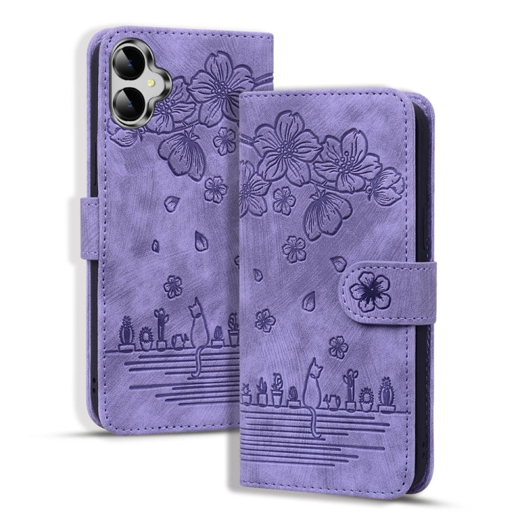 Cartoon Sakura Cat Embossed Leather Phone Case, For Samsung Galaxy A57 5G, For Samsung Galaxy A37 5G, For Samsung Galaxy A56 / A36, For Samsung Galaxy A26 / A16 5G, For Samsung Galaxy A55 5G, For Samsung Galaxy A35 5G, For Samsung Galaxy A15           ...