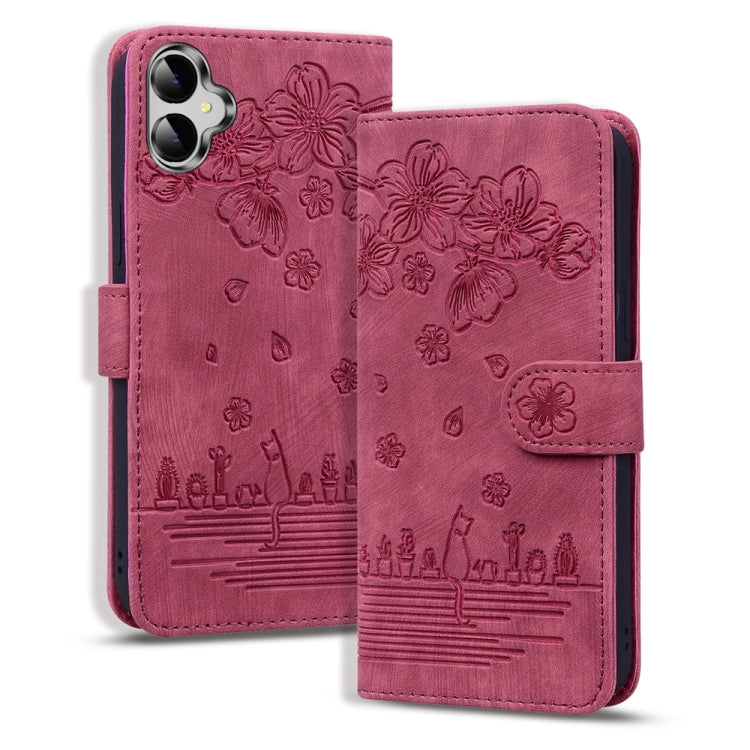 Cartoon Sakura Cat Embossed Leather Phone Case, For Samsung Galaxy A57 5G, For Samsung Galaxy A37 5G, For Samsung Galaxy A56 / A36, For Samsung Galaxy A26 / A16 5G, For Samsung Galaxy A55 5G, For Samsung Galaxy A35 5G, For Samsung Galaxy A15           ...