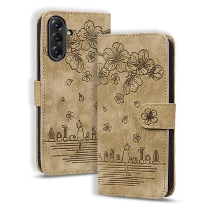 Cartoon Sakura Cat Embossed Leather Phone Case, For Samsung Galaxy A57 5G, For Samsung Galaxy A37 5G, For Samsung Galaxy A56 / A36, For Samsung Galaxy A26 / A16 5G, For Samsung Galaxy A55 5G, For Samsung Galaxy A35 5G, For Samsung Galaxy A15           ...