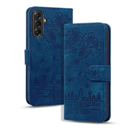 Cartoon Sakura Cat Embossed Leather Phone Case, For Samsung Galaxy A57 5G, For Samsung Galaxy A37 5G, For Samsung Galaxy A56 / A36, For Samsung Galaxy A26 / A16 5G, For Samsung Galaxy A55 5G, For Samsung Galaxy A35 5G, For Samsung Galaxy A15           ...
