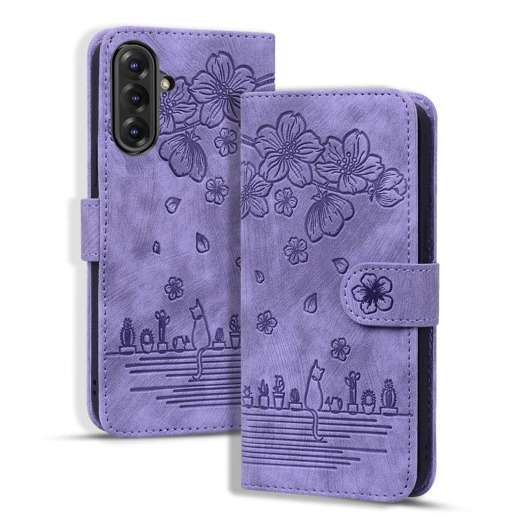 Cartoon Sakura Cat Embossed Leather Phone Case, For Samsung Galaxy A57 5G, For Samsung Galaxy A37 5G, For Samsung Galaxy A56 / A36, For Samsung Galaxy A26 / A16 5G, For Samsung Galaxy A55 5G, For Samsung Galaxy A35 5G, For Samsung Galaxy A15           ...