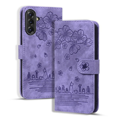 Cartoon Sakura Cat Embossed Leather Phone Case, For Samsung Galaxy A57 5G, For Samsung Galaxy A37 5G, For Samsung Galaxy A56 / A36, For Samsung Galaxy A26 / A16 5G, For Samsung Galaxy A55 5G, For Samsung Galaxy A35 5G, For Samsung Galaxy A15           ...
