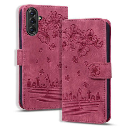 Cartoon Sakura Cat Embossed Leather Phone Case, For Samsung Galaxy A57 5G, For Samsung Galaxy A37 5G, For Samsung Galaxy A56 / A36, For Samsung Galaxy A26 / A16 5G, For Samsung Galaxy A55 5G, For Samsung Galaxy A35 5G, For Samsung Galaxy A15           ...