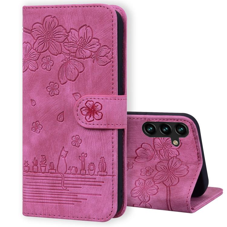 Cartoon Sakura Cat Embossed Leather Phone Case, For Samsung Galaxy A57 5G, For Samsung Galaxy A37 5G, For Samsung Galaxy A56 / A36, For Samsung Galaxy A26 / A16 5G, For Samsung Galaxy A55 5G, For Samsung Galaxy A35 5G, For Samsung Galaxy A15           ...