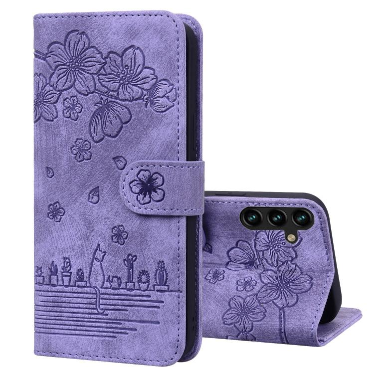 Cartoon Sakura Cat Embossed Leather Phone Case, For Samsung Galaxy A57 5G, For Samsung Galaxy A37 5G, For Samsung Galaxy A56 / A36, For Samsung Galaxy A26 / A16 5G, For Samsung Galaxy A55 5G, For Samsung Galaxy A35 5G, For Samsung Galaxy A15           ...