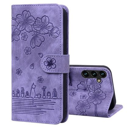 Cartoon Sakura Cat Embossed Leather Phone Case, For Samsung Galaxy A57 5G, For Samsung Galaxy A37 5G, For Samsung Galaxy A56 / A36, For Samsung Galaxy A26 / A16 5G, For Samsung Galaxy A55 5G, For Samsung Galaxy A35 5G, For Samsung Galaxy A15           ...