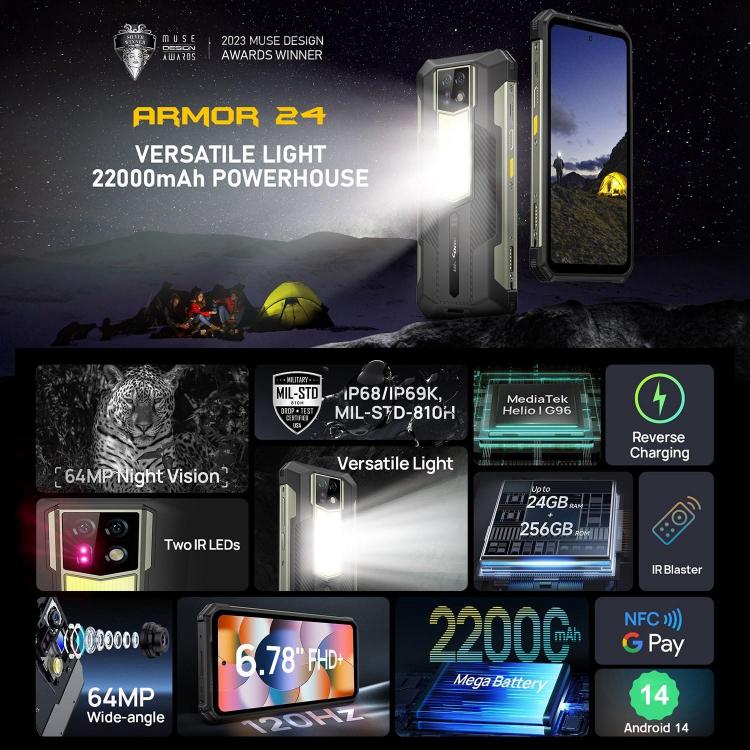 Ulefone Armor 24, Rugged Phone, Side Fingerprint, 22000mAh, 6.78 inch Android 14 MediaTek Helio G96 Octa Core, Network: 4G, NFC, Armor 24