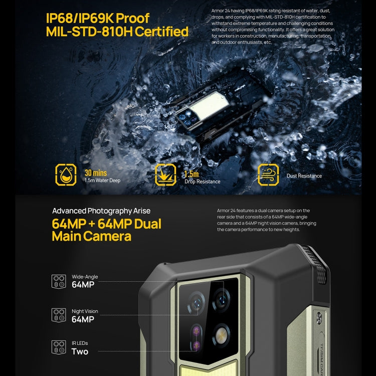 Ulefone Armor 24, Rugged Phone, Side Fingerprint, 22000mAh, 6.78 inch Android 14 MediaTek Helio G96 Octa Core, Network: 4G, NFC, Armor 24