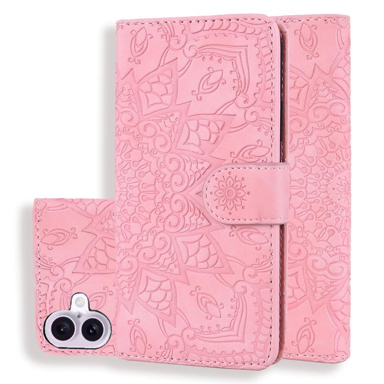 Mandala Embossed Dual-Fold Calf Leather Phone Case, For iPhone 17e / 16e, For iPhone 17 Pro Max, For iPhone 17 Pro, For iPhone 17, For iPhone Air, For iPhone 16 Pro, For iPhone 16 Pro Max, For iPhone 16 Plus, For iPhone 16, For iPhone 15 Pro Max       ...