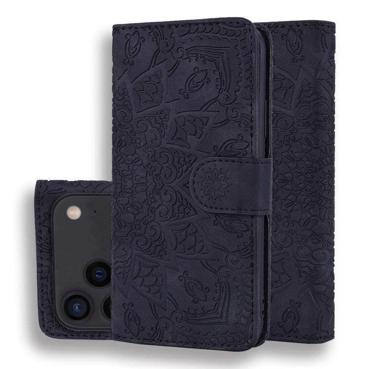 Mandala Embossed Dual-Fold Calf Leather Phone Case, For iPhone 17e / 16e, For iPhone 17 Pro Max, For iPhone 17 Pro, For iPhone 17, For iPhone Air, For iPhone 16 Pro, For iPhone 16 Pro Max, For iPhone 16 Plus, For iPhone 16, For iPhone 15 Pro Max       ...