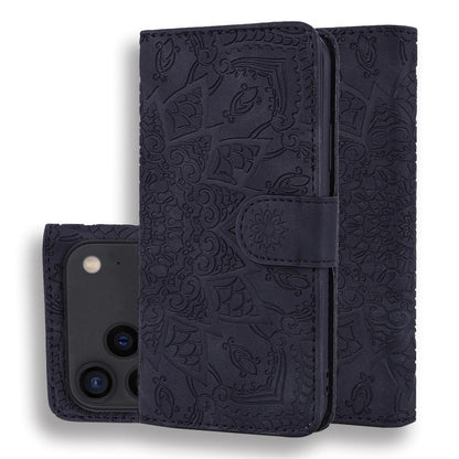 Mandala Embossed Dual-Fold Calf Leather Phone Case, For iPhone 17e / 16e, For iPhone 17 Pro Max, For iPhone 17 Pro, For iPhone 17, For iPhone Air, For iPhone 16 Pro, For iPhone 16 Pro Max, For iPhone 16 Plus, For iPhone 16, For iPhone 15 Pro Max       ...