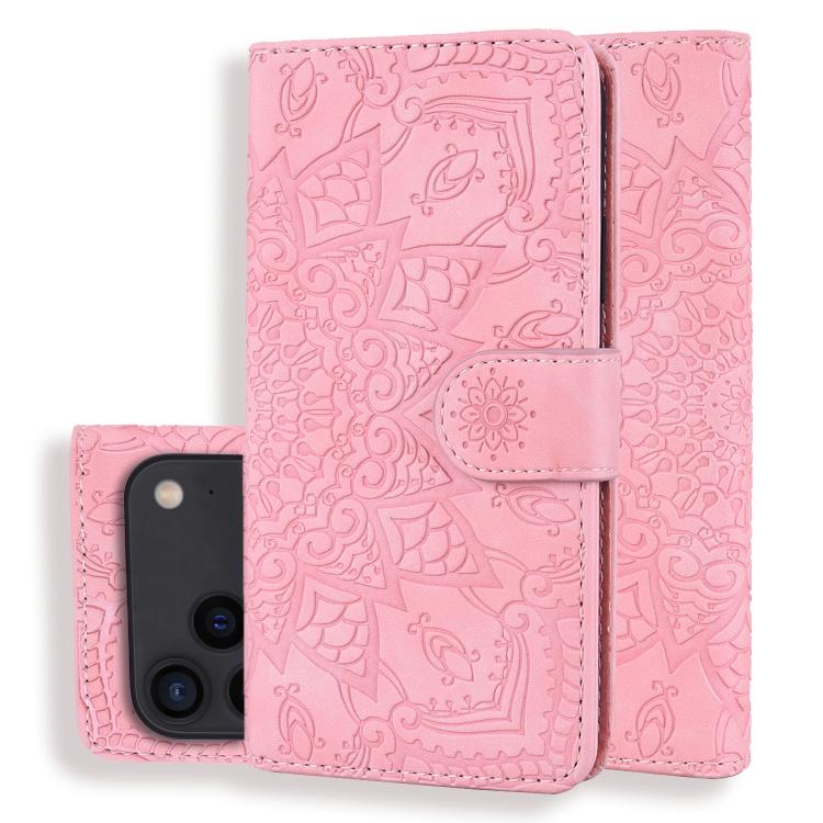 Mandala Embossed Dual-Fold Calf Leather Phone Case, For iPhone 17e / 16e, For iPhone 17 Pro Max, For iPhone 17 Pro, For iPhone 17, For iPhone Air, For iPhone 16 Pro, For iPhone 16 Pro Max, For iPhone 16 Plus, For iPhone 16, For iPhone 15 Pro Max       ...