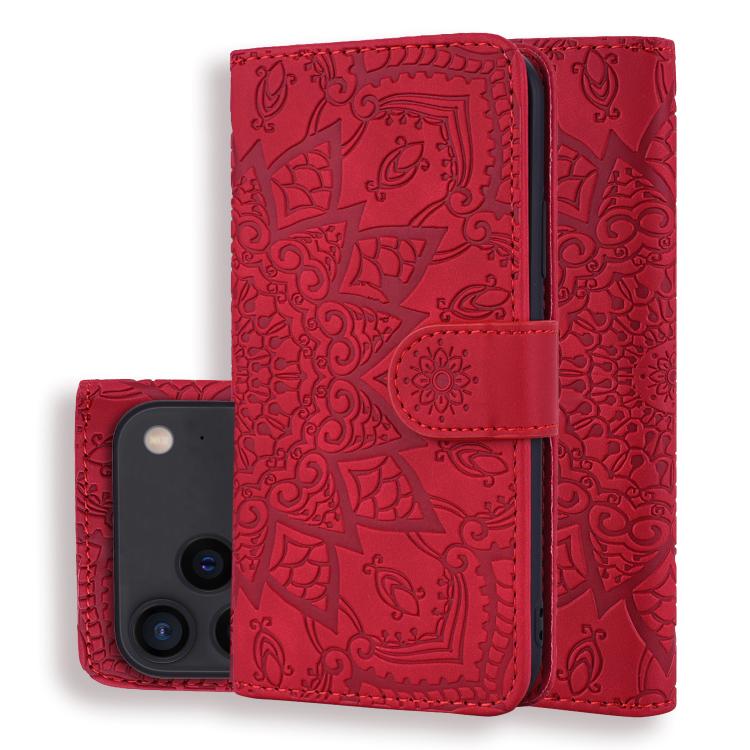 Mandala Embossed Dual-Fold Calf Leather Phone Case, For iPhone 17e / 16e, For iPhone 17 Pro Max, For iPhone 17 Pro, For iPhone 17, For iPhone Air, For iPhone 16 Pro, For iPhone 16 Pro Max, For iPhone 16 Plus, For iPhone 16, For iPhone 15 Pro Max       ...
