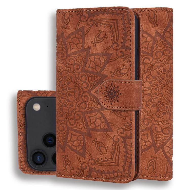Mandala Embossed Dual-Fold Calf Leather Phone Case, For iPhone 17e / 16e, For iPhone 17 Pro Max, For iPhone 17 Pro, For iPhone 17, For iPhone Air, For iPhone 16 Pro, For iPhone 16 Pro Max, For iPhone 16 Plus, For iPhone 16, For iPhone 15 Pro Max       ...
