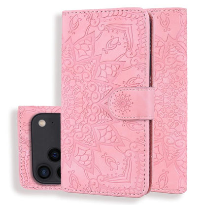Mandala Embossed Dual-Fold Calf Leather Phone Case, For iPhone 17e / 16e, For iPhone 17 Pro Max, For iPhone 17 Pro, For iPhone 17, For iPhone Air, For iPhone 16 Pro, For iPhone 16 Pro Max, For iPhone 16 Plus, For iPhone 16, For iPhone 15 Pro Max       ...