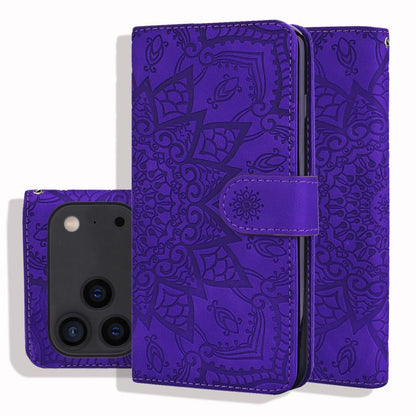 Mandala Embossed Dual-Fold Calf Leather Phone Case, For iPhone 17e / 16e, For iPhone 17 Pro Max, For iPhone 17 Pro, For iPhone 17, For iPhone Air, For iPhone 16 Pro, For iPhone 16 Pro Max, For iPhone 16 Plus, For iPhone 16, For iPhone 15 Pro Max       ...