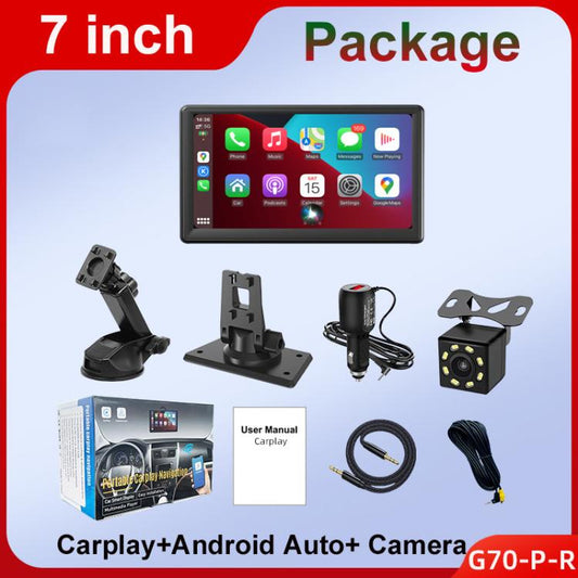 شاشة عرض ذكية محمولة للسيارة مقاس 7 بوصات بتقنية IPS، تدعم نظامي Carplay وAndroid Auto، مزودة بكاميرا خلفية.