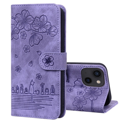 Cartoon Sakura Cat Embossed Leather Phone Case