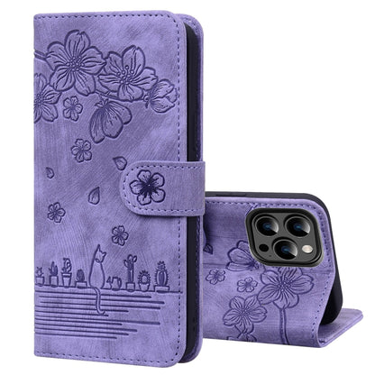 Cartoon Sakura Cat Embossed Leather Phone Case