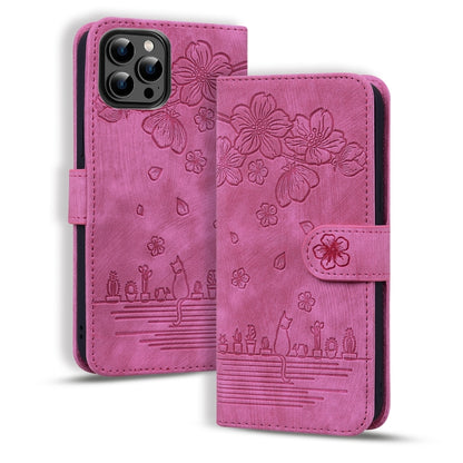 Cartoon Sakura Cat Embossed Leather Phone Case