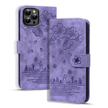 Cartoon Sakura Cat Embossed Leather Phone Case