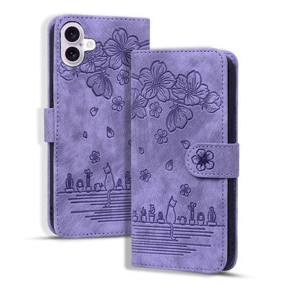 Cartoon Sakura Cat Embossed Leather Phone Case