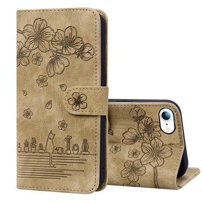 Cartoon Sakura Cat Embossed Leather Phone Case, For iPhone 17e / 16e, For iPhone 17 Pro Max, For iPhone 17 Pro, For iPhone 17, For iPhone Air, For iPhone 16 Pro Max, For iPhone 16 Pro, For iPhone 16 Plus, For iPhone 16, For iPhone 15 Pro Max           ...